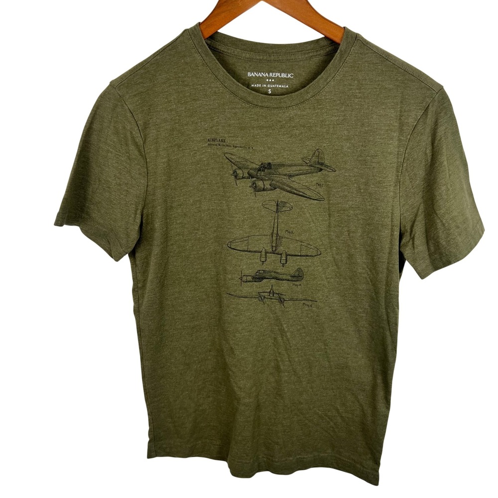 Banana Republic Airplane Graphic Tee Small Olive Green Short Sleeve Shirt